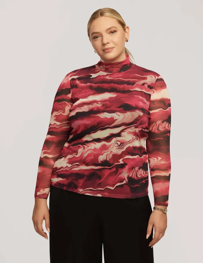Anne Klein Plus Size Printed Mesh Long Sleeve Zip Back Mock Neck Amaranth Multi Women Clothing