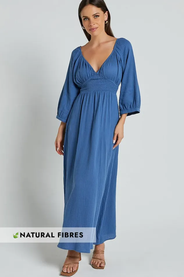 Anya Midi Dress 8211 V Neck Long Sleeve Dress In Blue Women Showpo Dresses