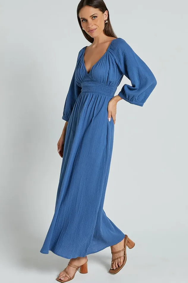 Anya Midi Dress 8211 V Neck Long Sleeve Dress In Blue Women Showpo Dresses