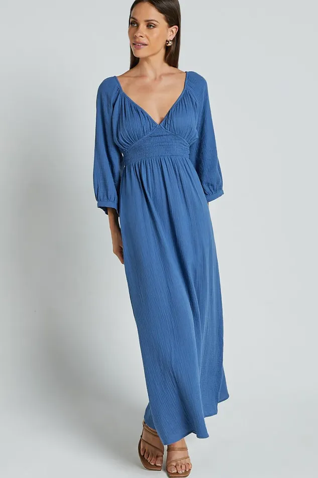 Anya Midi Dress 8211 V Neck Long Sleeve Dress In Blue Women Showpo Dresses