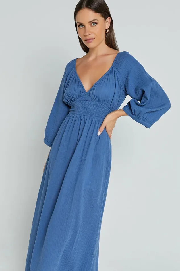 Anya Midi Dress 8211 V Neck Long Sleeve Dress In Blue Women Showpo Dresses