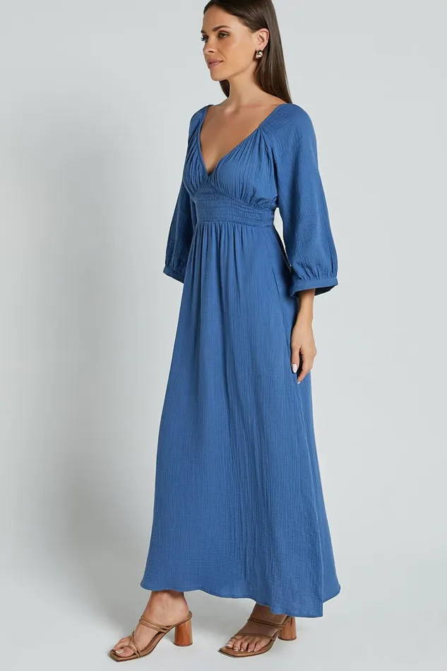 Anya Midi Dress 8211 V Neck Long Sleeve Dress In Blue Women Showpo Dresses