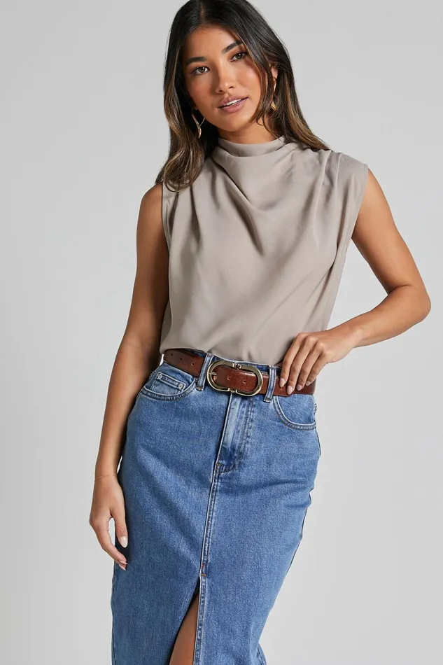 Arianae Top 8211 High Neck Top In Sand Women Showpo Tops