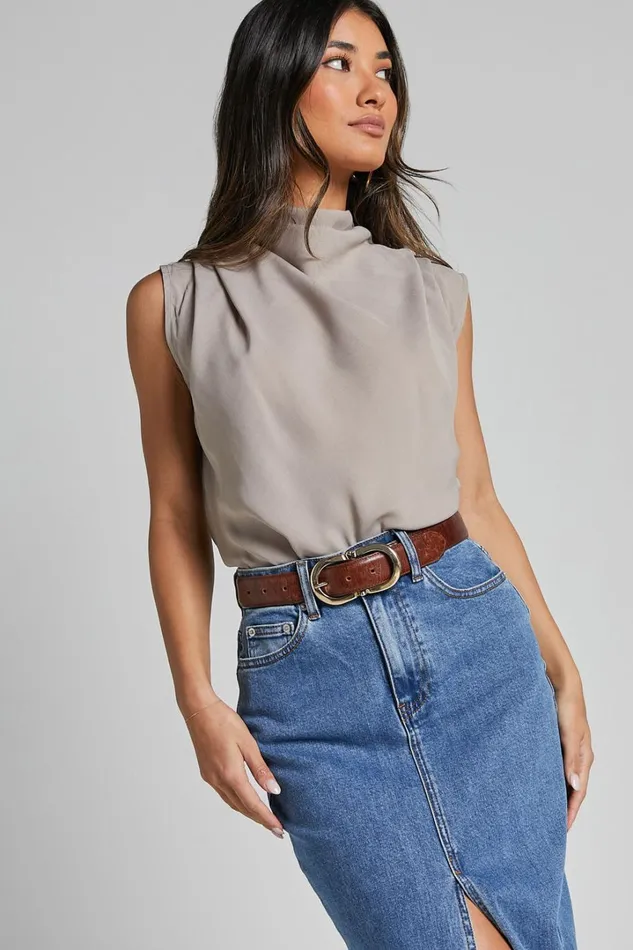 Arianae Top 8211 High Neck Top In Sand Women Showpo Tops