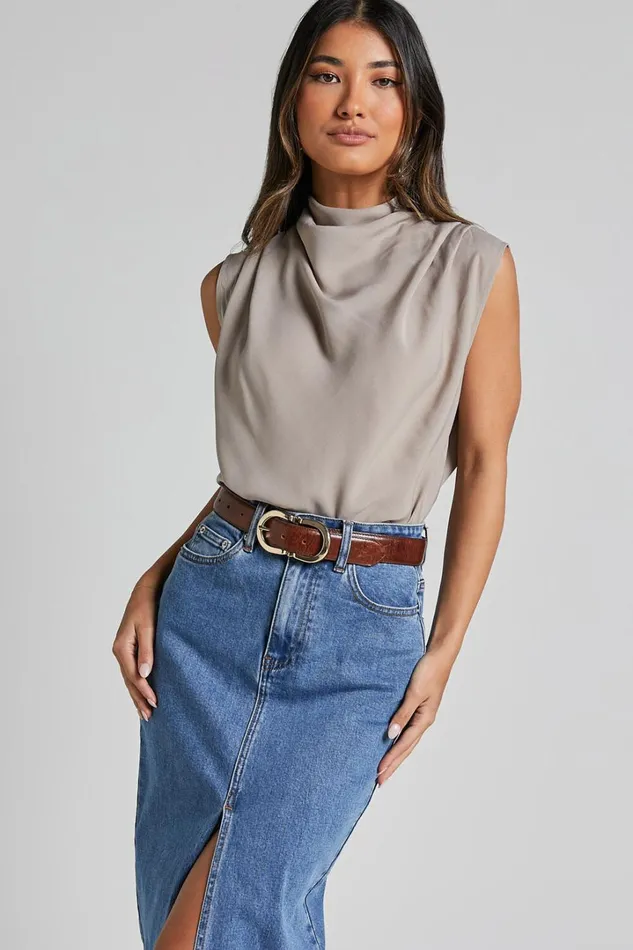 Arianae Top 8211 High Neck Top In Sand Women Showpo Tops