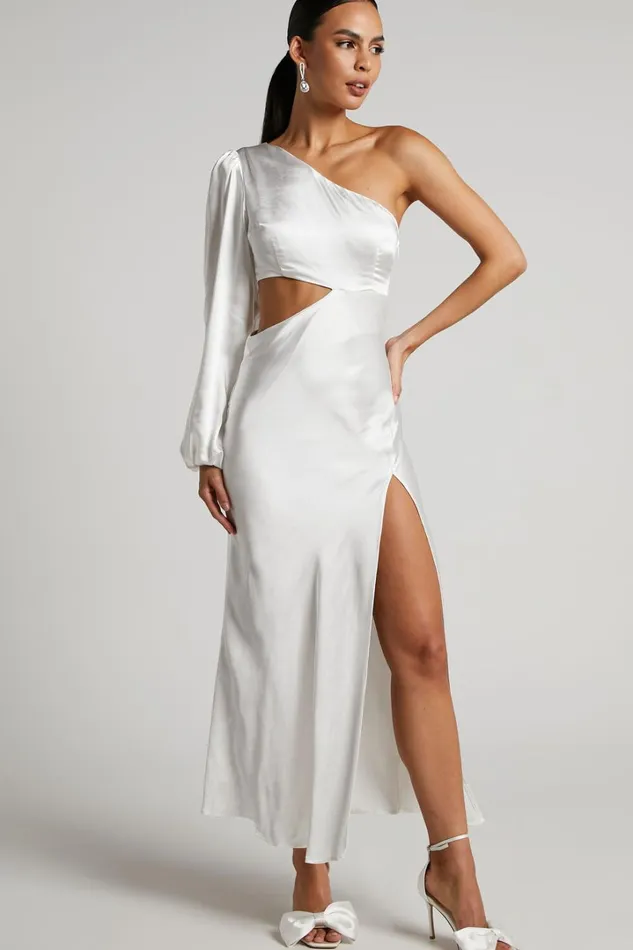 Arichie Midi Dress 8211 Cut Out One Shoulder Balloon Sleeve Dress In White Women Showpo Dresses