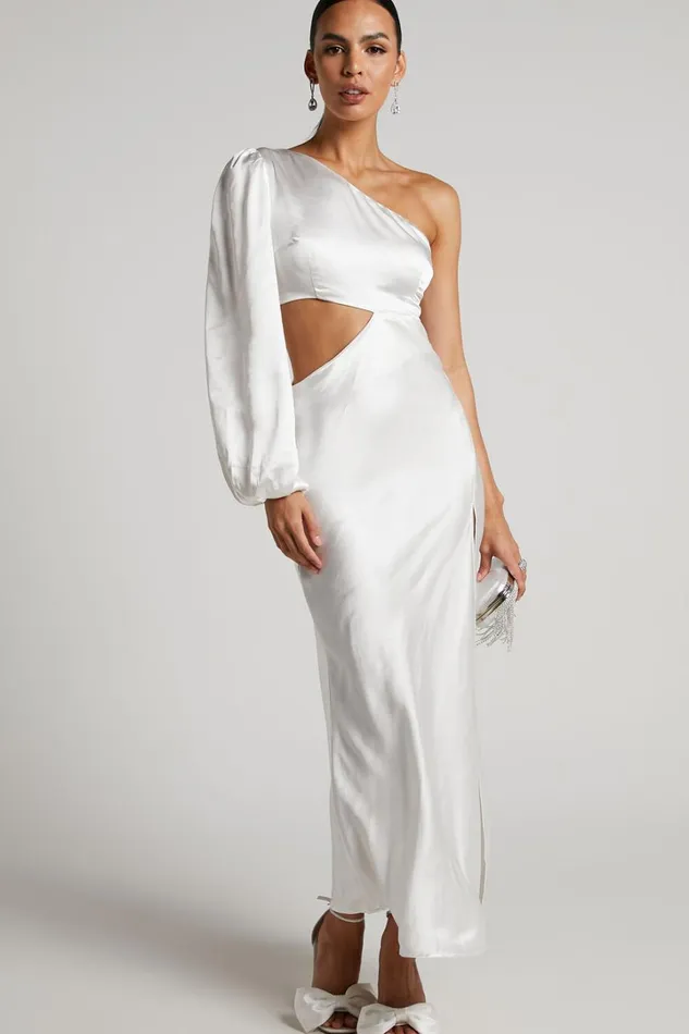 Arichie Midi Dress 8211 Cut Out One Shoulder Balloon Sleeve Dress In White Women Showpo Dresses