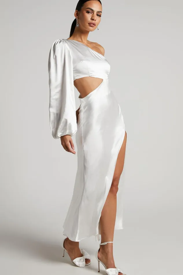 Arichie Midi Dress 8211 Cut Out One Shoulder Balloon Sleeve Dress In White Women Showpo Dresses