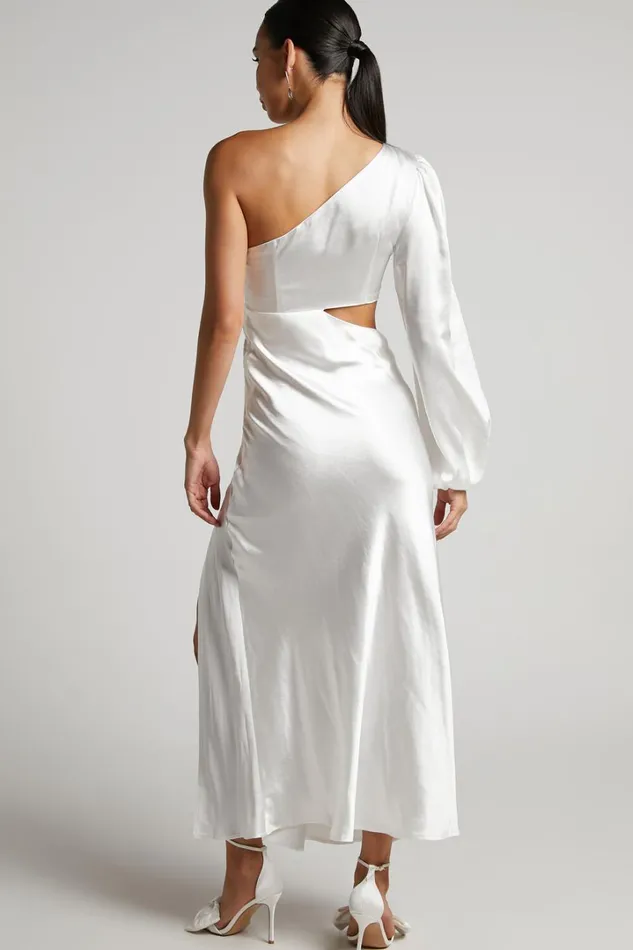 Arichie Midi Dress 8211 Cut Out One Shoulder Balloon Sleeve Dress In White Women Showpo Dresses