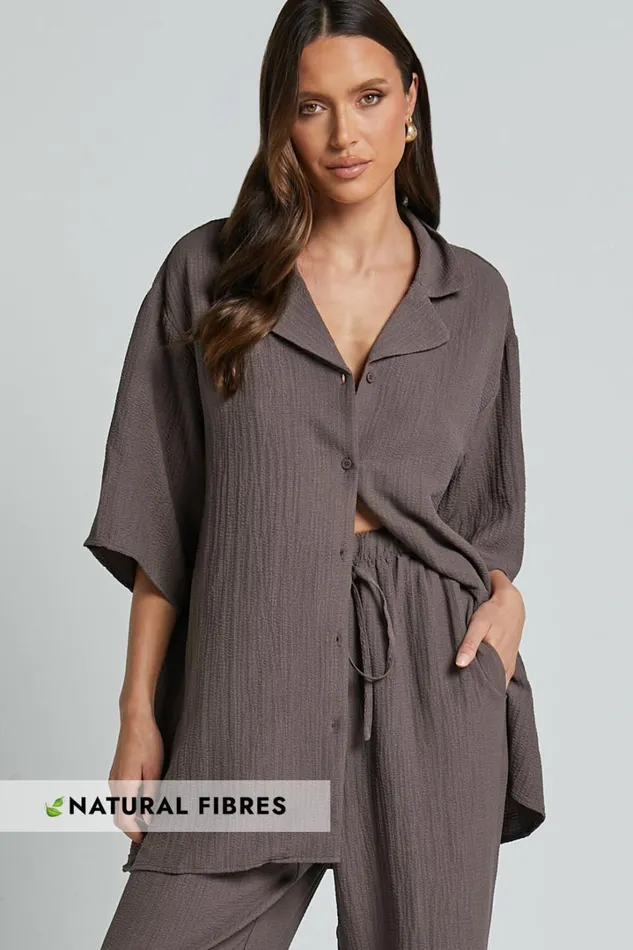 Ava Top 8211 Collar Button Through Oversized Short Sleeve Textured Shirt In Mocha Women Showpo Maternity Clothes Ava Top 8211 Collar Button Through Oversized Short Sleeve Textured Shirt In Mocha Women Showpo Maternity Clothes