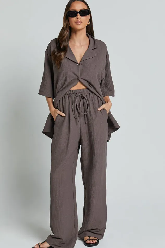 Ava Top 8211 Collar Button Through Oversized Short Sleeve Textured Shirt In Mocha Women Showpo Maternity Clothes