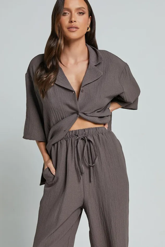 Ava Top 8211 Collar Button Through Oversized Short Sleeve Textured Shirt In Mocha Women Showpo Maternity Clothes
