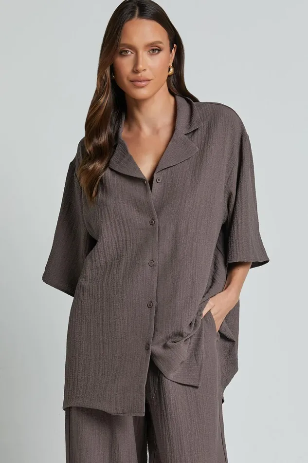 Ava Top 8211 Collar Button Through Oversized Short Sleeve Textured Shirt In Mocha Women Showpo Maternity Clothes