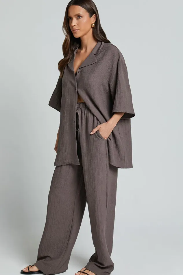 Ava Top 8211 Collar Button Through Oversized Short Sleeve Textured Shirt In Mocha Women Showpo Maternity Clothes