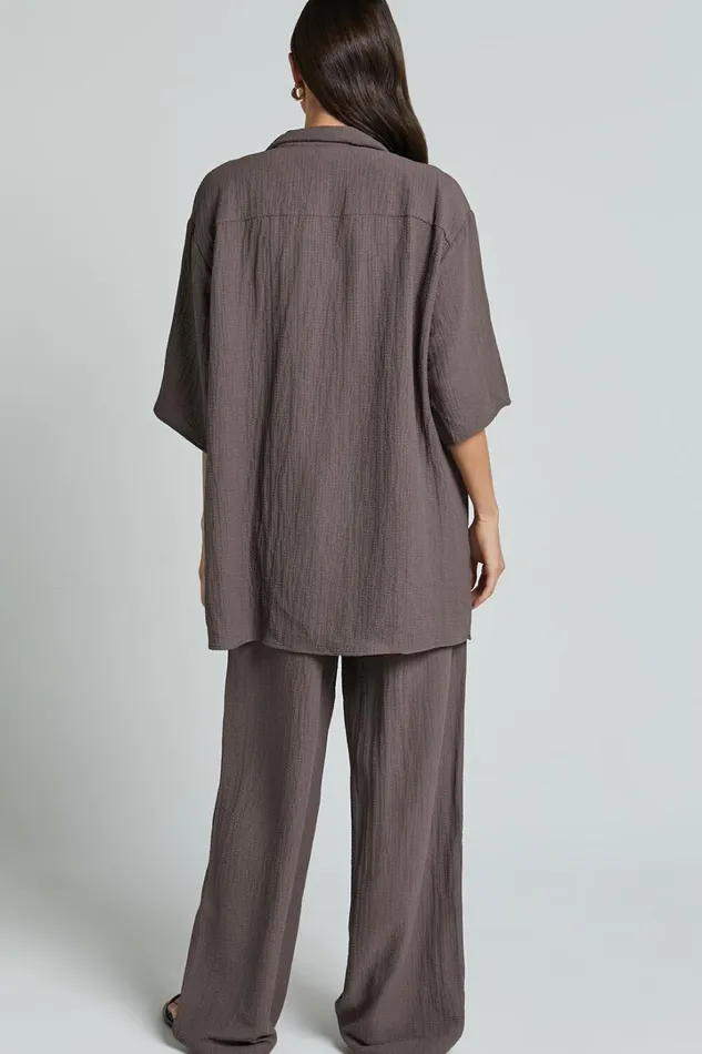 Ava Top 8211 Collar Button Through Oversized Short Sleeve Textured Shirt In Mocha Women Showpo Maternity Clothes