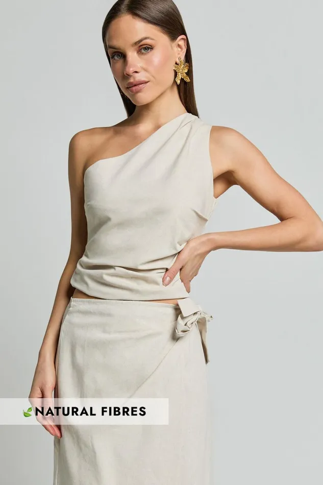 Bailey Top 8211 Linen Look One Shoulder Pleated Bodice Top In Natural Women Showpo Conscious