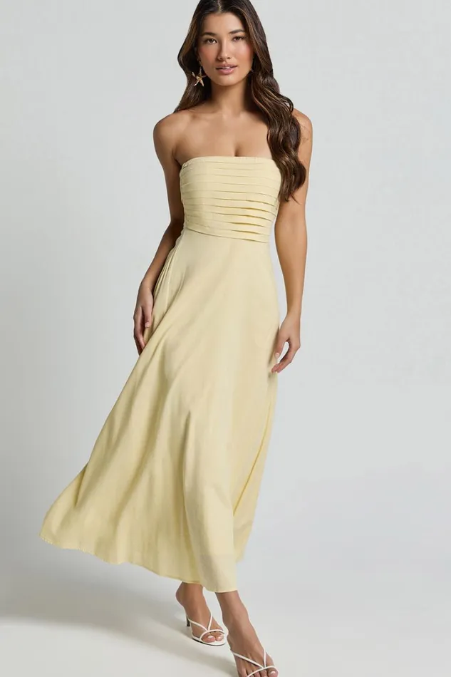 Barbra Midi Dress 8211 Strapless Ruched Bodice Dress In Lemon Women Showpo Dresses