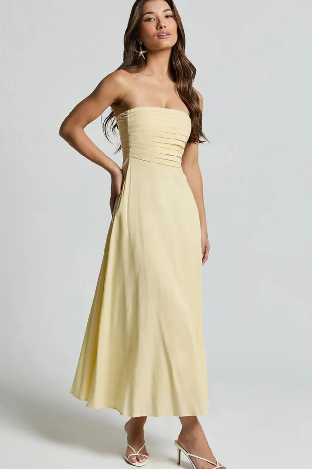 Barbra Midi Dress 8211 Strapless Ruched Bodice Dress In Lemon Women Showpo Dresses