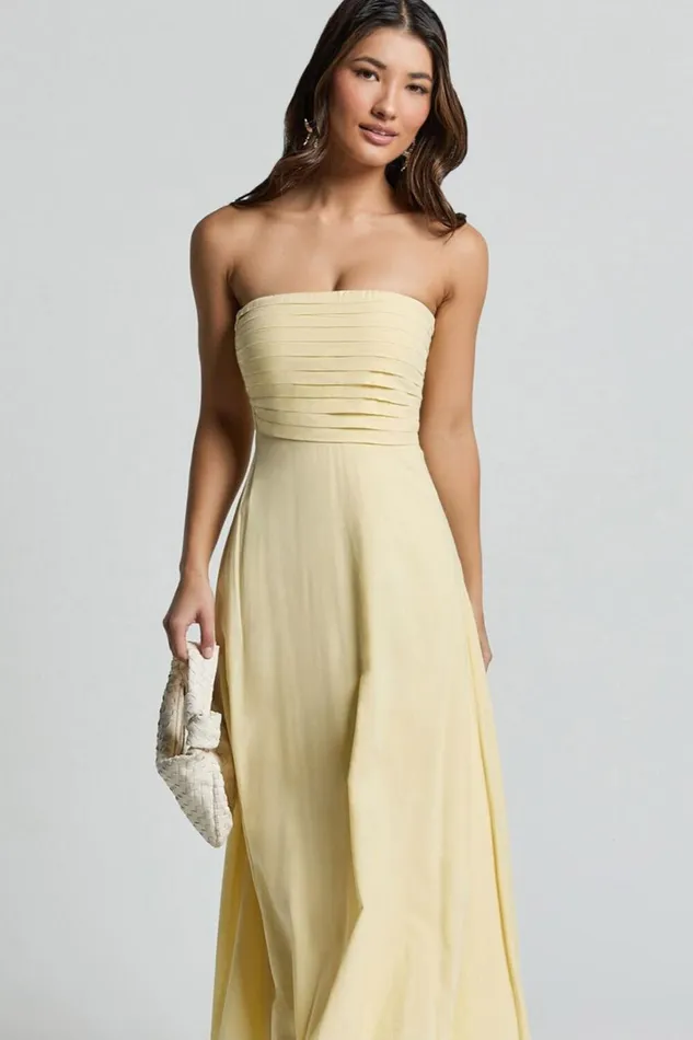 Barbra Midi Dress 8211 Strapless Ruched Bodice Dress In Lemon Women Showpo Dresses