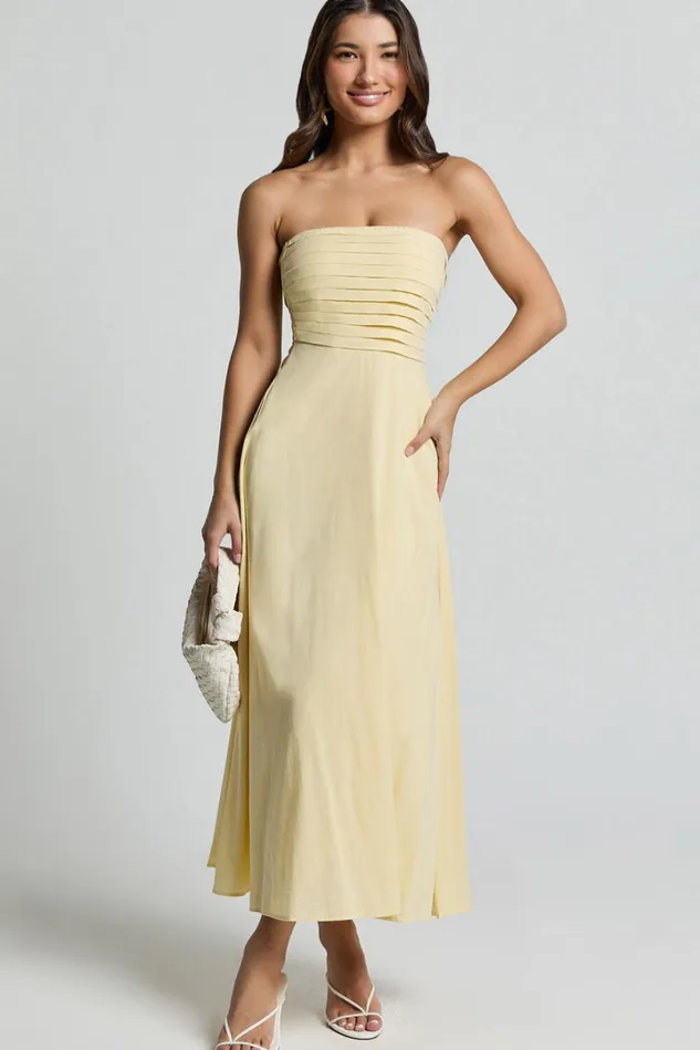 Barbra Midi Dress 8211 Strapless Ruched Bodice Dress In Lemon Women Showpo Dresses