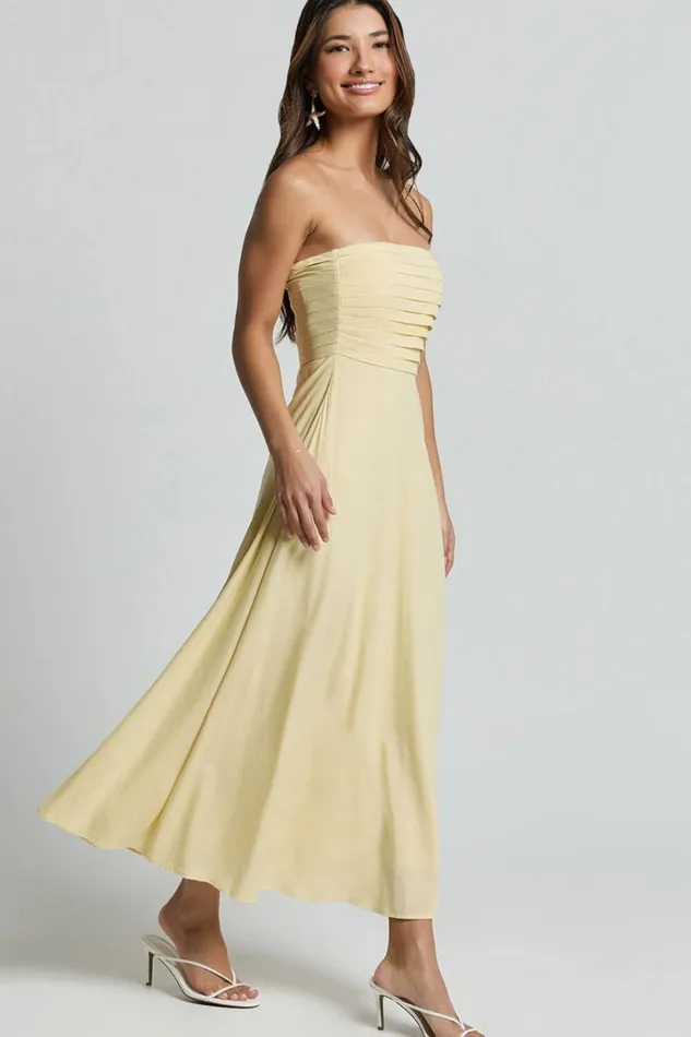 Barbra Midi Dress 8211 Strapless Ruched Bodice Dress In Lemon Women Showpo Dresses