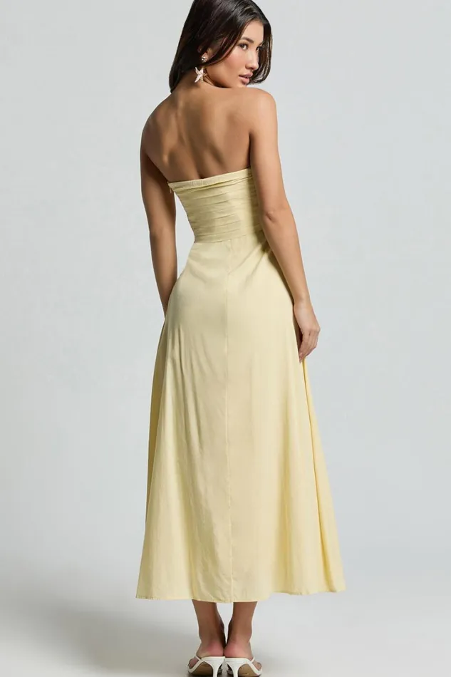 Barbra Midi Dress 8211 Strapless Ruched Bodice Dress In Lemon Women Showpo Dresses