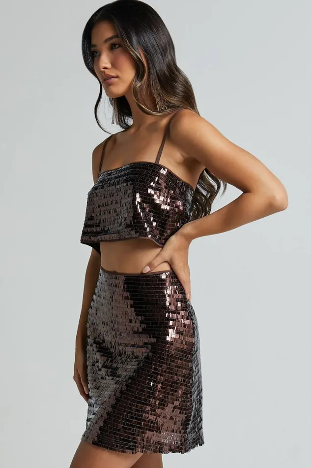 Barlyn Crop Top 8211 Square Neck Crop Flat Sequin Top In Chocolate Women Showpo Tops