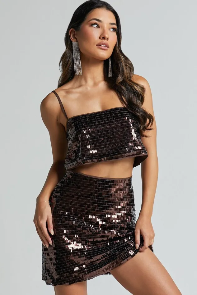 Barlyn Crop Top 8211 Square Neck Crop Flat Sequin Top In Chocolate Women Showpo Tops