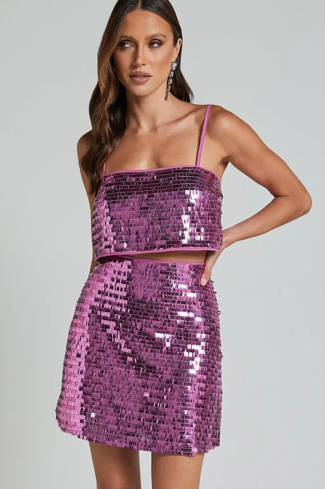 Barlyn Crop Top 8211 Square Neck Crop Flat Sequin Top In Orchid Women Showpo Tops