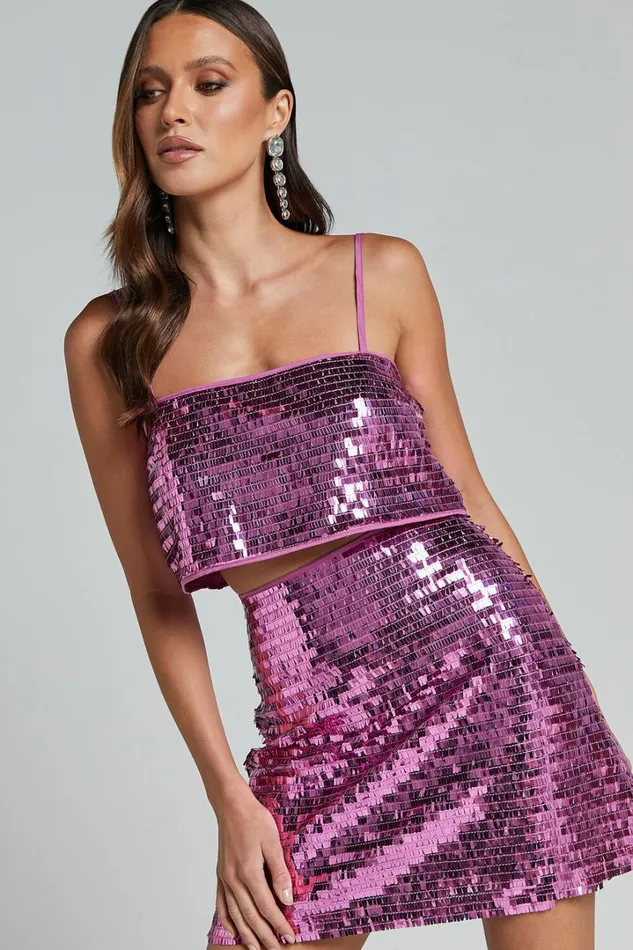 Barlyn Mini Skirt 8211 High Waisted Aline Flat Sequin Skirt In Orchid Women Showpo Skirts