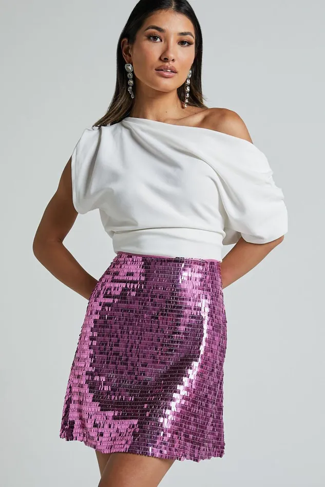 Barlyn Mini Skirt 8211 High Waisted Aline Flat Sequin Skirt In Orchid Women Showpo Skirts