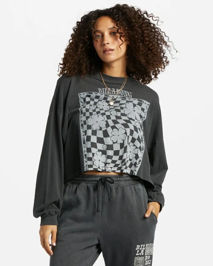 Beach Boyfriend Long Sleeve Crop Top Black Pebble Women Billabong Tops