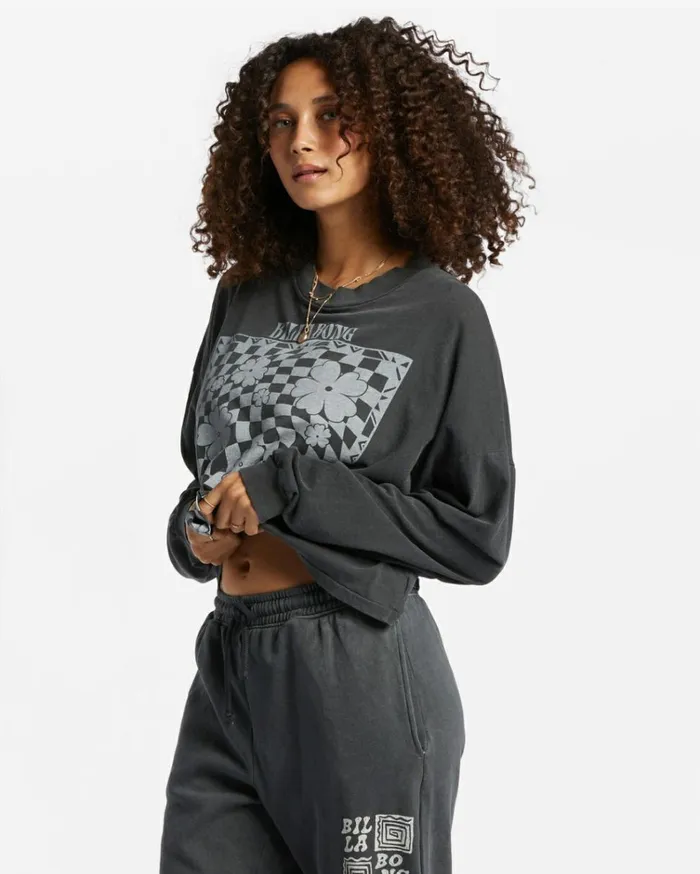 Beach Boyfriend Long Sleeve Crop Top Black Pebble Women Billabong Tops