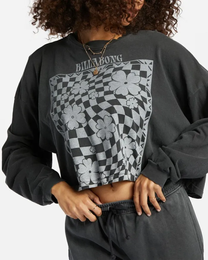 Beach Boyfriend Long Sleeve Crop Top Black Pebble Women Billabong Tops
