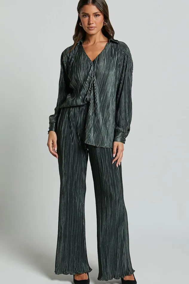 Beca Pants 8211 High Waisted Plisse Flared Pants In Olive Women Showpo Pants