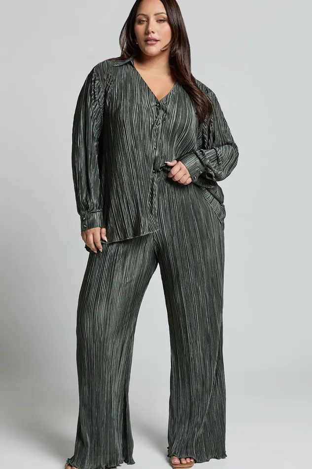 Beca Pants 8211 High Waisted Plisse Flared Pants In Olive Women Showpo Pants