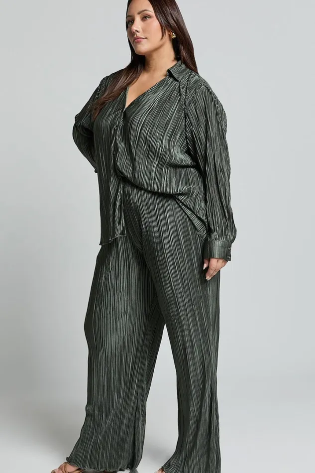 Beca Pants 8211 High Waisted Plisse Flared Pants In Olive Women Showpo Pants