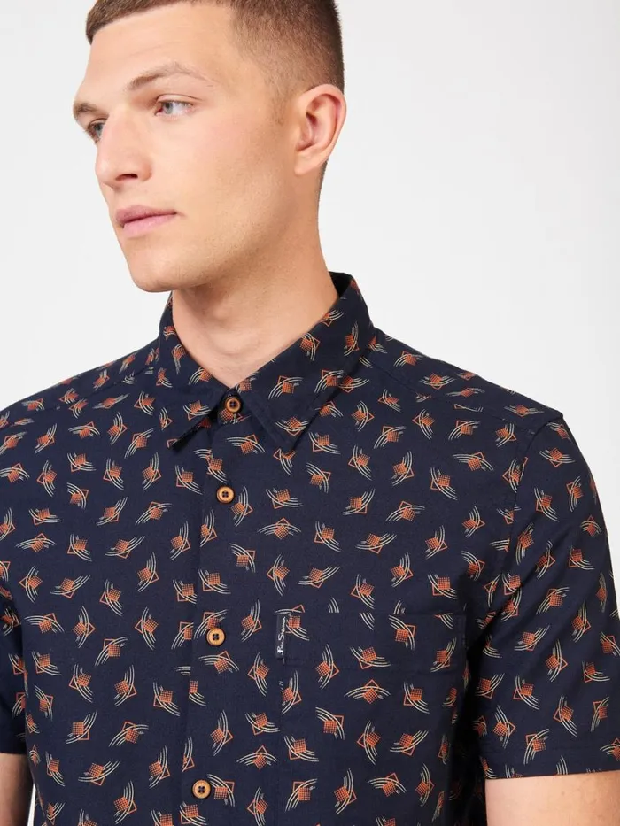 Ben Sherman Archive Print Shirts Men Art Deco Geo Print Shirt 8211 Dark Navy