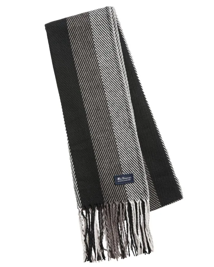 Ben Sherman Scarves and Cold Weather Men Herringbone Stripe Scarf 8211 True BlackOdyssey Grey