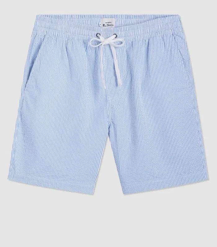 Ben Sherman Shorts Men Seersucker Slim Fit Bengal Stripe Short 8211 Light BlueEcru