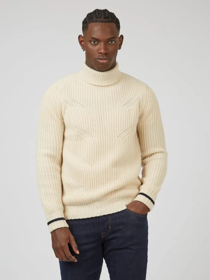Ben Sherman Sweaters and Knits Men Chunky RollNeck Striped Sweater 8211 Ivory