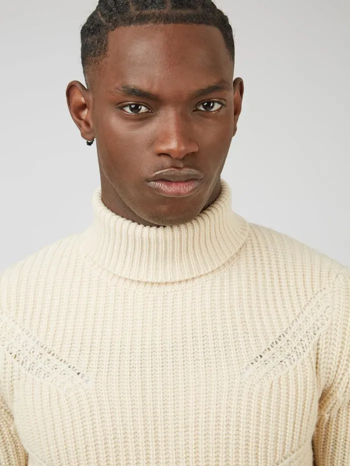 Ben Sherman Sweaters and Knits Men Chunky RollNeck Striped Sweater 8211 Ivory