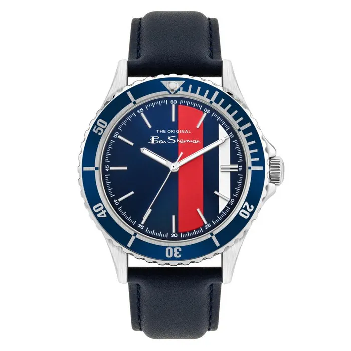 Ben Sherman Watches Men Leather Strap Watch 44mm 8211 NavyBlueSilver