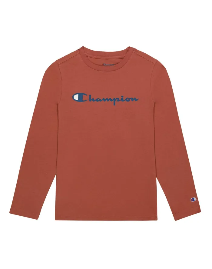Big Kids LongSleeve TShirt Script Logo Sandalwood Red Kids Champion TShirts