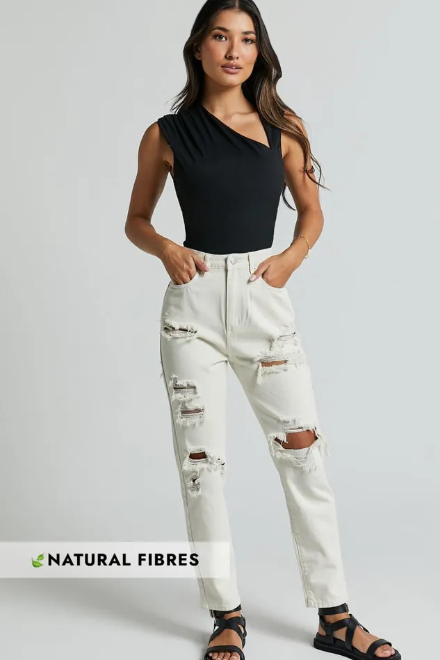 Billie Jeans 8211 High Waisted Cotton Distressed Mom Denim Jeans In Ecru Women Showpo Jeans Billie Jeans 8211 High Waisted Cotton Distressed Mom Denim Jeans In Ecru Women Showpo Jeans
