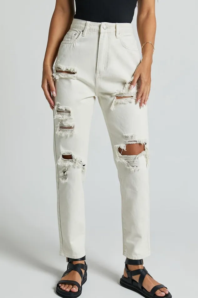 Billie Jeans 8211 High Waisted Cotton Distressed Mom Denim Jeans In Ecru Women Showpo Jeans
