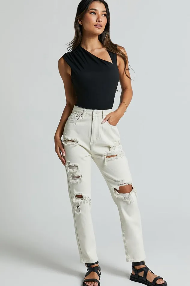 Billie Jeans 8211 High Waisted Cotton Distressed Mom Denim Jeans In Ecru Women Showpo Jeans