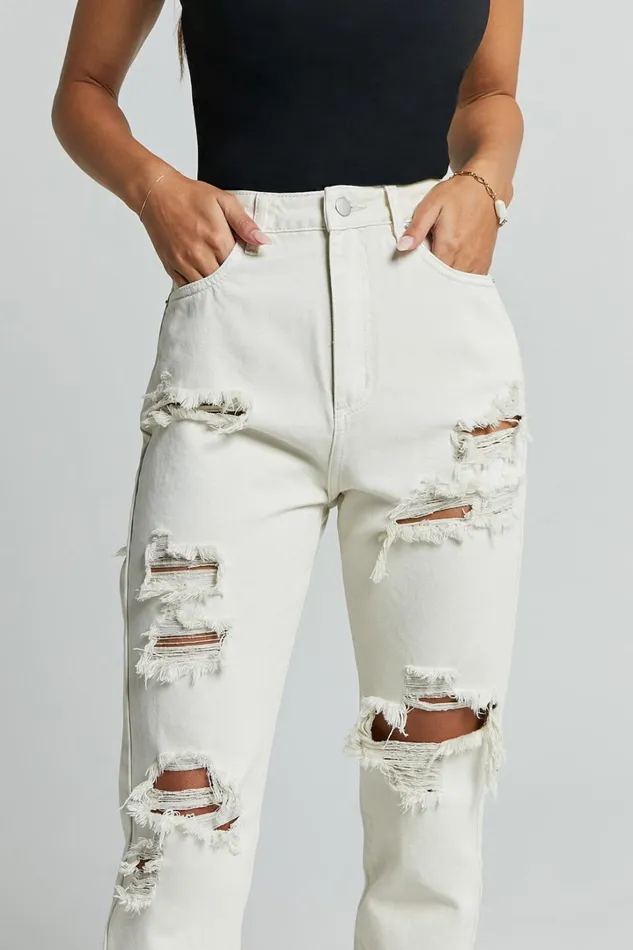 Billie Jeans 8211 High Waisted Cotton Distressed Mom Denim Jeans In Ecru Women Showpo Jeans