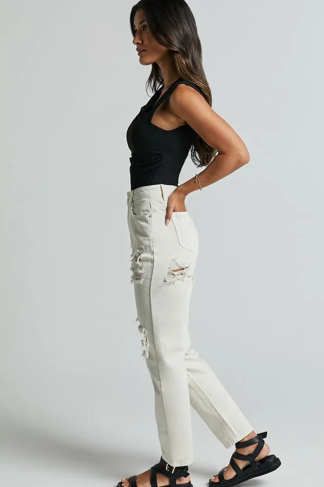 Billie Jeans 8211 High Waisted Cotton Distressed Mom Denim Jeans In Ecru Women Showpo Jeans