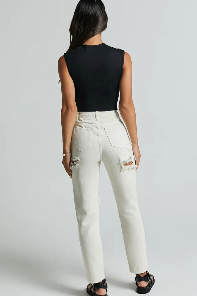 Billie Jeans 8211 High Waisted Cotton Distressed Mom Denim Jeans In Ecru Women Showpo Jeans